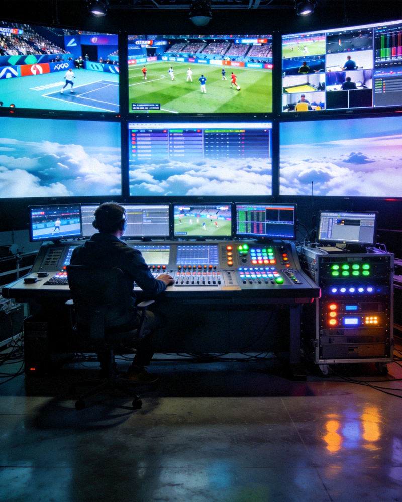 云端观赛直播中心内部多屏幕监控与信号调度实景